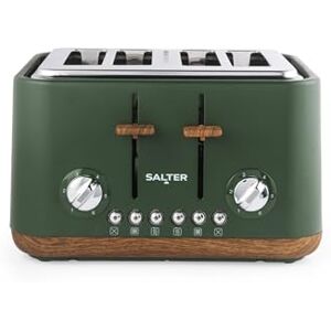 Salter Toronto 4-Slice Toaster – Wide Slots, 6 Browning Levels, Removable Crumb Tray, Defrost, Reheat, Cancel, Self-Centring Function, High-Lift Eject, 1630 W, Wood Effect, Green Salter Toronto 4-Slice Toaster – Wide Slots, 6 Browning Levels, Removable Crumb Tray, Defrost, Reheat, Cancel, Self-Centring Function, High-Lift Eject, 1630 W, Wood Effect, Green