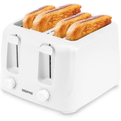GEEPAS 4 Slice Toaster 6 Browning Levels with Cancel Function For Thin Small Bread Slice 2 Independent Controls 2 Removable Crumb Trays Cool Touch High Lift 1 Yr Warranty 1400W White GEEPAS 4 Slice Toaster 6 Browning Levels with Cancel Function For Thin Small Bread Slice 2 Independent Controls 2 Removable Crumb Trays Cool Touch High Lift 1 Yr Warranty 1400W White