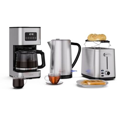 KLARSTEIN Verosteel Full Breakfast Set – 2 Slice Toaster with 7 Browning Levels, Stainless Steel Kettle 1.7L, 12 Cup Filter Coffee Machine, Keep-Warm, Bun Holder, Glass Carafe KLARSTEIN Verosteel Full Breakfast Set – 2 Slice Toaster with 7 Browning Levels, Stainless Steel Kettle 1.7L, 12 Cup Filter Coffee Machine, Keep-Warm, Bun Holder, Glass Carafe