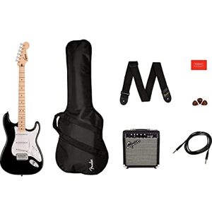 Fender Squier by Sonic Stratocaster Electric Guitar Pack, Maple Fingerboard in Black, Gig Bag, Squier Frontman 10W Amp, Picks, Strap, Cable, Comes with Free Virtual Lessons Fender Squier by Sonic Stratocaster Electric Guitar Pack, Maple Fingerboard in Black, Gig Bag, Squier Frontman 10W Amp, Picks, Strap, Cable, Comes with Free Virtual Lessons