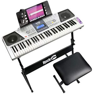 PDT RockJam 61 Key Keyboard Piano Kit with Digital Piano Bench, Electric Piano Stand, Headphones Note Stickers & Simply Piano Lessons, Grey