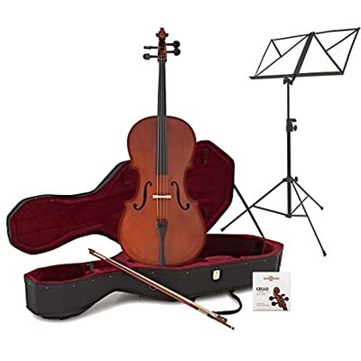 gear4music 4/4 Size Cello Beginner Pack by with Case Bow and Stand For beginners, laminate spruce top and basswood body, steel core strings for clear tone gear4music 4/4 Size Cello Beginner Pack by with Case Bow and Stand For beginners, laminate spruce top and basswood body, steel core strings for clear tone