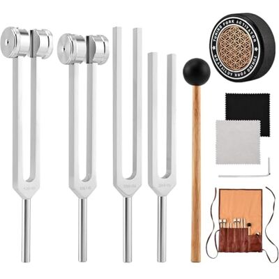 Akfldms Tuning Forks for Healing- Set Includes 128Hz, 136.1Hz, 256Hz, 384Hz with Reflex Hammer,Portable in Leather Pouch,Sound Akfldms Tuning Forks for Healing- Set Includes 128Hz, 136.1Hz, 256Hz, 384Hz with Reflex Hammer,Portable in Leather Pouch,Sound