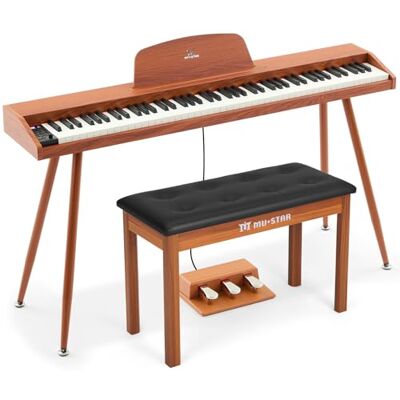 MUSTAR 88 Key Piano Keyboard with Bench, Home Digital Piano for Beginners 88 Semi Weighted Keys, 800 Tones, 600 Rhythms, 80 Demo, 3-Pedal Unit, Furniture Stand, USB MIDI, Wireless Connection, Brown MUSTAR 88 Key Piano Keyboard with Bench, Home Digital Piano for Beginners 88 Semi Weighted Keys, 800 Tones, 600 Rhythms, 80 Demo, 3-Pedal Unit, Furniture Stand, USB MIDI, Wireless Connection, Brown