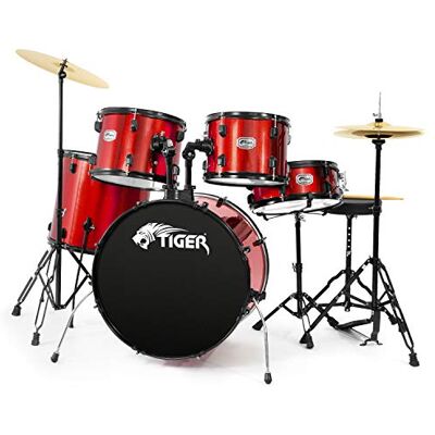 Tiger DKT28-RD Full-Size Acoustic Drum 22" Bass Drum Kit Red with Stands, Stool Sticks & Cymbals Tiger DKT28-RD Full-Size Acoustic Drum 22" Bass Drum Kit Red with Stands, Stool Sticks & Cymbals