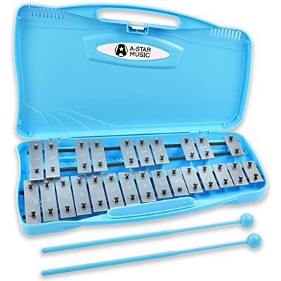 A-Star 25 Note Soprano Chromatic Glockenspiel Xylophone in Blue Case with Silver Keys and Two Plastic Beaters 2 Octaves G5 to G7 A-Star 25 Note Soprano Chromatic Glockenspiel Xylophone in Blue Case with Silver Keys and Two Plastic Beaters 2 Octaves G5 to G7