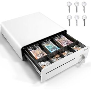 Tera Cash Register Drawer 13 inch: Auto Open with 6 Keys Heavy Duty 3 Bill 4 Coin Removable Cash Tray Media Slot 24V RJ12 Key-Lock Round Corner for POS System Small Businesses Retail 335R White Tera Cash Register Drawer 13 inch: Auto Open with 6 Keys Heavy Duty 3 Bill 4 Coin Removable Cash Tray Media Slot 24V RJ12 Key-Lock Round Corner for POS System Small Businesses Retail 335R White