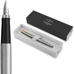 PARKER Jotter Fountain Pen Stainless Steel with Gold Trim Medium Nib Blue Ink Includes Gift Box PARKER Jotter Fountain Pen Stainless Steel with Gold Trim Medium Nib Blue Ink Includes Gift Box