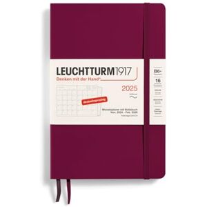 LEUCHTTURM1917 370609 Monthly Planner & Notebook 2025, Paperback B6+ Softcover 16 Months, 80 g, Lined Port Red LEUCHTTURM1917 370609 Monthly Planner & Notebook 2025, Paperback B6+ Softcover 16 Months, 80 g, Lined Port Red