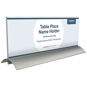 Europel Table Place Name Holder, 105 x 297 mm, Clear Acrylic Construction, Double Sided Sign Holder, Name Display for Conferences, Meetings, Receptions, Free-Standing Design with Aluminium Base Europel Table Place Name Holder, 105 x 297 mm, Clear Acrylic Construction, Double Sided Sign Holder, Name Display for Conferences, Meetings, Receptions, Free-Standing Design with Aluminium Base