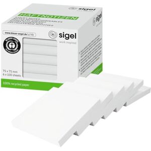 Sigel HN750 Sticky Notes Pad White, 6 x 100 Sheets, 7.5 x 7.5 cm, Recycled Paper Sticky Notes, Awarded with The Blue Angel, 6 Pads Sigel HN750 Sticky Notes Pad White, 6 x 100 Sheets, 7.5 x 7.5 cm, Recycled Paper Sticky Notes, Awarded with The Blue Angel, 6 Pads