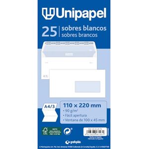 Unipapel Pack 25 Envelopes with Right Window 110x220 mm Straight Closure with Autodesk Silicone Self-Adhesive Strip White Paper 90g Easy Opening FSC Perfect for A4 Folded Letters in 3 Unipapel Pack 25 Envelopes with Right Window 110x220 mm Straight Closure with Autodesk Silicone Self-Adhesive Strip White Paper 90g Easy Opening FSC Perfect for A4 Folded Letters in 3