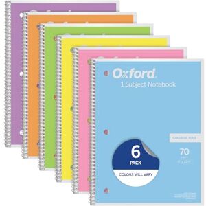 Oxford Spiral Notebook 6 Pack, 1 Subject, College Ruled Paper, 8 x 10-1/2 Inch, Pastel Pink, Orange, Yellow, Green, Blue and Purple, 70 Sheets (63756) Oxford Spiral Notebook 6 Pack, 1 Subject, College Ruled Paper, 8 x 10-1/2 Inch, Pastel Pink, Orange, Yellow, Green, Blue and Purple, 70 Sheets (63756)