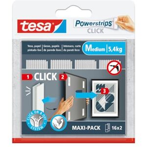 tesa UK tesa Powerstrips Click – Adhesive Hooks for Hanging Frames and Wall Decorations Without Drilling – Self-Adhesive Strips with On and Off Hook and Loop System – Medium – 16 x 2 Pieces tesa UK tesa Powerstrips Click – Adhesive Hooks for Hanging Frames and Wall Decorations Without Drilling – Self-Adhesive Strips with On and Off Hook and Loop System – Medium – 16 x 2 Pieces