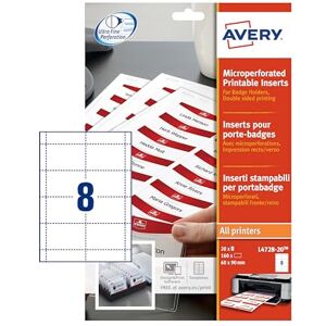 Avery L4728-20 Printable Name Badge Insert Refills – 90 x 60 mm, White, Pack of 160 Inserts Avery L4728-20 Printable Name Badge Insert Refills – 90 x 60 mm, White, Pack of 160 Inserts
