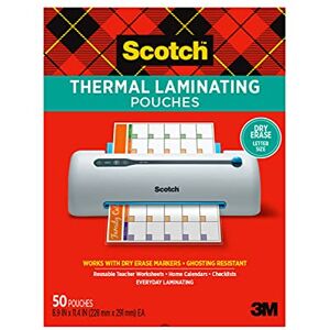 Scotch Dry Erase Thermal Laminating Pouches, 50-Pack, Works with Dry Erase Markers, Reuseable Worksheets, Calendars, Checklists, 8.9 x 11.4 Inches, Letter Size, Clear Professional Finish (TP3854-50DE) Scotch Dry Erase Thermal Laminating Pouches, 50-Pack, Works with Dry Erase Markers, Reuseable Worksheets, Calendars, Checklists, 8.9 x 11.4 Inches, Letter Size, Clear Professional Finish (TP3854-50DE)