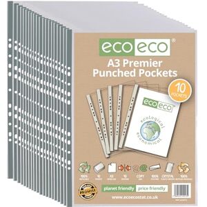 eco-eco A3 Portrait 100% Recycled Premier Multi Punched Pockets Glass Clear, Transparent Poly Wallet Sheet Protector, 90 Microns (Pack of 200), eco013x20 eco-eco A3 Portrait 100% Recycled Premier Multi Punched Pockets Glass Clear, Transparent Poly Wallet Sheet Protector, 90 Microns (Pack of 200), eco013x20