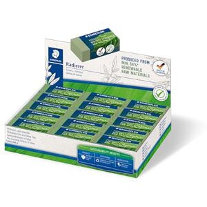STAEDTLER Eraser, eraser made from up to 56% natural and renewable content, phthalate and latex free, sliding cuff, size 43 x 19 x 13 mm, 30 olive green erasers in cardboard display, 526 83-5 STAEDTLER Eraser, eraser made from up to 56% natural and renewable content, phthalate and latex free, sliding cuff, size 43 x 19 x 13 mm, 30 olive green erasers in cardboard display, 526 83-5