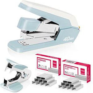 deli Effortless Desktop Stapler, Heavy Duty Stapler, 40-50 Sheet Capacity, One Finger, No Effort, Includes 1500 Staples & Staple Remover, Blue deli Effortless Desktop Stapler, Heavy Duty Stapler, 40-50 Sheet Capacity, One Finger, No Effort, Includes 1500 Staples & Staple Remover, Blue