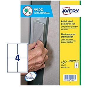 Avery UK AM0P4A4 Transparent Anti-Bacterial Adhesive Labels, 139 x 99.1 mm, Box of 40 Labels Avery UK AM0P4A4 Transparent Anti-Bacterial Adhesive Labels, 139 x 99.1 mm, Box of 40 Labels