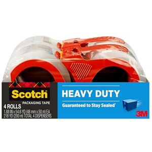 Scotch Heavy Duty Packaging Tape, 1.88" x 54.6 yd, Designed for Packing, Shipping and Mailing, Strong Seal on All Box Types, 3" Core, Clear, 4 Rolls (3850-4RD) Scotch Heavy Duty Packaging Tape, 1.88" x 54.6 yd, Designed for Packing, Shipping and Mailing, Strong Seal on All Box Types, 3" Core, Clear, 4 Rolls (3850-4RD)