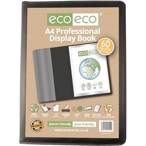 eco-eco A4 50% Recycled 60 Pocket Black Professional Business Display Book, Padded Portfolio Art Folder with Plastic Sleeves, eco141 eco-eco A4 50% Recycled 60 Pocket Black Professional Business Display Book, Padded Portfolio Art Folder with Plastic Sleeves, eco141