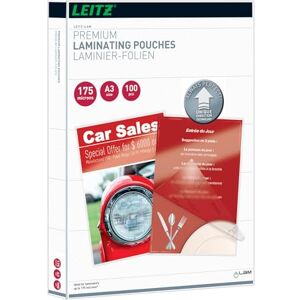 Leitz 74900000 Laminating Pouches Made of 175 Micron Thick Material (Transparent, Glossy, A3 and UDT) Pack of 100 Leitz 74900000 Laminating Pouches Made of 175 Micron Thick Material (Transparent, Glossy, A3 and UDT) Pack of 100