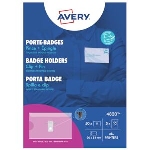 Avery 4820 Printable and customisable Name Badges with Plastic Cases and Pins 90 x 50 mm Badges, Pack of 50 White printable insert Avery 4820 Printable and customisable Name Badges with Plastic Cases and Pins 90 x 50 mm Badges, Pack of 50 White printable insert
