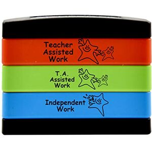SuperStickers Multi Message 3-in-1 Stamp Stack for Teachers: Teacher Assisted Work/TA Assisted Work/Independent Work in Green, red and Blue Ink. SuperStickers Multi Message 3-in-1 Stamp Stack for Teachers: Teacher Assisted Work/TA Assisted Work/Independent Work in Green, red and Blue Ink.