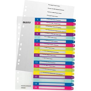 Leitz Index for A4, Pack of 6, PC-writable Cover Sheet and 20 dividers, tabs with Number Print 1-20, Extra Width, Multicoloured, Polypropylene, Wow, 12450000 Leitz Index for A4, Pack of 6, PC-writable Cover Sheet and 20 dividers, tabs with Number Print 1-20, Extra Width, Multicoloured, Polypropylene, Wow, 12450000