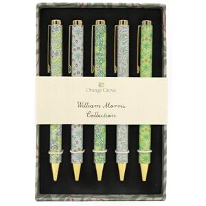 Robert Frederick William Morris Ballpoint Pens – Set of 5 Twist-Action Black Ink Pens in Gift Box – Mixed Green & Blue Floral Designs – Orange Grove William Morris Collection Robert Frederick William Morris Ballpoint Pens – Set of 5 Twist-Action Black Ink Pens in Gift Box – Mixed Green & Blue Floral Designs – Orange Grove William Morris Collection