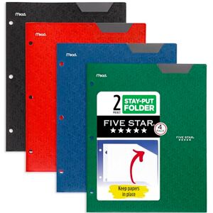 Five Star 2-Pocket Folders, 4 Pack, Plastic Folders with Stay-Put Tabs, Fits 3-Ring Binder, Holds 11” x 8-1/2”, Assorted Colors (38049), Black, Red, Green, Blue Five Star 2-Pocket Folders, 4 Pack, Plastic Folders with Stay-Put Tabs, Fits 3-Ring Binder, Holds 11” x 8-1/2”, Assorted Colors (38049), Black, Red, Green, Blue