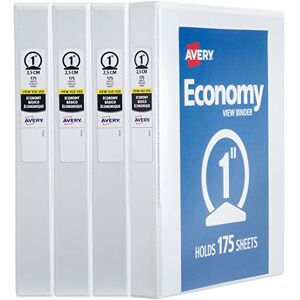 Avery Economy View 3 Ring Binders, Homeschool Supplies, Home Organization, 1" Round Rings, 4 White Binders (05711) Avery Economy View 3 Ring Binders, Homeschool Supplies, Home Organization, 1" Round Rings, 4 White Binders (05711)