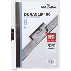 Durable DURACLIP 60 A4 Clip Folder Holds up to 60 Sheets of A4 Paper Robust Metal Sprung Clip Pack of 5 White Folders Durable DURACLIP 60 A4 Clip Folder Holds up to 60 Sheets of A4 Paper Robust Metal Sprung Clip Pack of 5 White Folders
