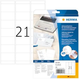 HERMA Self Adhesive Typewriter Address Labels, 21 Labels per A4 Sheet, 20 Sheets, 67 x 38 mm, 420 Labels, Blank Mailing Labels Stickers, Sticky Labels for Typewriter, White HERMA Self Adhesive Typewriter Address Labels, 21 Labels per A4 Sheet, 20 Sheets, 67 x 38 mm, 420 Labels, Blank Mailing Labels Stickers, Sticky Labels for Typewriter, White