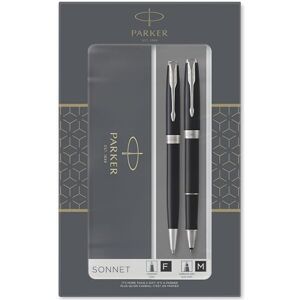 PARKER Sonnet Duo Gift Set With Ballpoint Pen & Rollerball Pen, Gloss Black With Chrome Trim, Black Ink Refill & Cartridge, Gift Box PARKER Sonnet Duo Gift Set With Ballpoint Pen & Rollerball Pen, Gloss Black With Chrome Trim, Black Ink Refill & Cartridge, Gift Box