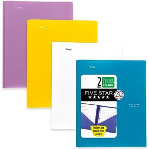 Five Star 2 Pocket Folders, 4 Pack, Plastic Folders with Prong Fasteners, Holds 11” x 8-1/2”, Tidewater Blue, White, Amethyst Purple, Harvest Yellow (38136) Five Star 2 Pocket Folders, 4 Pack, Plastic Folders with Prong Fasteners, Holds 11” x 8-1/2”, Tidewater Blue, White, Amethyst Purple, Harvest Yellow (38136)