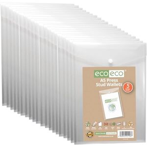 eco-eco A5 50% Recycled Clear Transparent Portrait Press Stud Popper Wallet, Plastic Folders 230x170mm (Pack of 20), 200mic, eco158x4 eco-eco A5 50% Recycled Clear Transparent Portrait Press Stud Popper Wallet, Plastic Folders 230x170mm (Pack of 20), 200mic, eco158x4