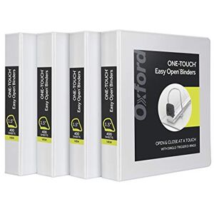 Oxford 3 Ring Binders, 1.5 Inch ONE-Touch Easy Open D Rings, 3-Sided View Binder Covers, Xtralife Hinge, Non-Stick, PVC-Free, White, 375-Sheet Capacity, 4 Pack (79906) Oxford 3 Ring Binders, 1.5 Inch ONE-Touch Easy Open D Rings, 3-Sided View Binder Covers, Xtralife Hinge, Non-Stick, PVC-Free, White, 375-Sheet Capacity, 4 Pack (79906)