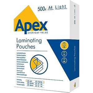 Fellowes Apex A4 Laminating Pouches, Glossy Finish, 500 Sheets Light Duty Value Pack Ideal for Notices, and Photos Fellowes Apex A4 Laminating Pouches, Glossy Finish, 500 Sheets Light Duty Value Pack Ideal for Notices, and Photos