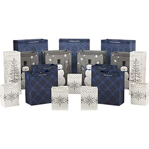Hallmark Blue and Silver Bulk Christmas Gift Bags Assorted Sizes (18 Gift Bags: 5 Small 5", 4 Medium 8", 4 Large 11", 3 XL 14", 2 Bottle Bags) Snowflake, Tree, Snowman, Plaid Hallmark Blue and Silver Bulk Christmas Gift Bags Assorted Sizes (18 Gift Bags: 5 Small 5", 4 Medium 8", 4 Large 11", 3 XL 14", 2 Bottle Bags) Snowflake, Tree, Snowman, Plaid