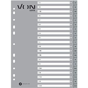Leitz VON Pack of 10 Alphabet Index A-Z DIN A4, Cardboard with PP Tabs, 11-Hole Universal Index for Folders, File Folders & Ring Binders, for School, Study & Home, Grey, 12790085 Leitz VON Pack of 10 Alphabet Index A-Z DIN A4, Cardboard with PP Tabs, 11-Hole Universal Index for Folders, File Folders & Ring Binders, for School, Study & Home, Grey, 12790085
