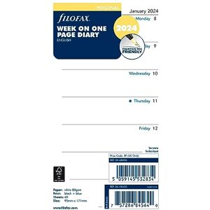 Filofax Calendar Diary Refill, Personal/Compact Size, Week on One Page, White Paper, Unruled, English, 2024 (C68426-24) Filofax Calendar Diary Refill, Personal/Compact Size, Week on One Page, White Paper, Unruled, English, 2024 (C68426-24)