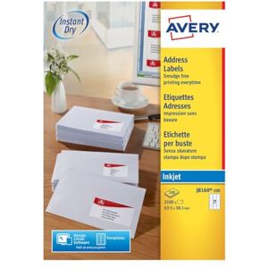 Avery Smudge Free, Printable, Address Labels, Quickdry, 63.5 x 38.1 mm, White, 21 Labels per Sheet, 2100 Blank Labels per Pack (J8160-100) Avery Smudge Free, Printable, Address Labels, Quickdry, 63.5 x 38.1 mm, White, 21 Labels per Sheet, 2100 Blank Labels per Pack (J8160-100)