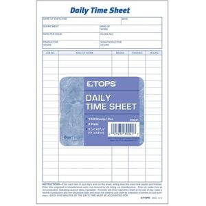 Tops Daily Employee Time and Job Sheet, 6 x 9.5 Inches, 100 Sheets per Pad, 2 Pads/Pack (30041) Tops Daily Employee Time and Job Sheet, 6 x 9.5 Inches, 100 Sheets per Pad, 2 Pads/Pack (30041)