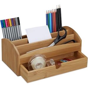 Relaxdays Bamboo Desk Caddy, 4 Compartments & 1 Drawer, Natural Brown, Cottage Style, 11 x 27.5 x 15 cm Relaxdays Bamboo Desk Caddy, 4 Compartments & 1 Drawer, Natural Brown, Cottage Style, 11 x 27.5 x 15 cm