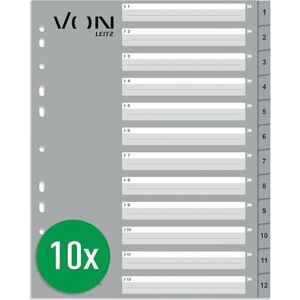 Leitz VON Pack of 10 A4 Number Indexes, 1-12 Numbered Dividers for Folders, Polypropylene, Extra Wide, 11-Hole Universal Index for Loose Leaf Folders and Ring Binders, Grey, 12680085 Leitz VON Pack of 10 A4 Number Indexes, 1-12 Numbered Dividers for Folders, Polypropylene, Extra Wide, 11-Hole Universal Index for Loose Leaf Folders and Ring Binders, Grey, 12680085