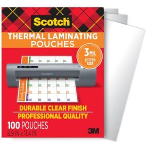 Scotch Thermal Laminating Pouches, 100 Pack Laminating Sheets, 3 Mil, 8.9 x 11.4 Inches, Education Supplies & Craft Supplies, for Use with Thermal Laminators, Letter Size Sheets (TP3854-100) Scotch Thermal Laminating Pouches, 100 Pack Laminating Sheets, 3 Mil, 8.9 x 11.4 Inches, Education Supplies & Craft Supplies, for Use with Thermal Laminators, Letter Size Sheets (TP3854-100)