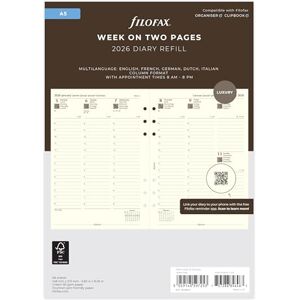 Filofax A5 Week on Two Pages Column Format 5 Language Cotton Cream 2026 Diary Planner Refills 26-68513 Filofax A5 Week on Two Pages Column Format 5 Language Cotton Cream 2026 Diary Planner Refills 26-68513