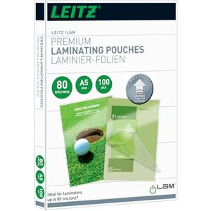 Leitz 749200000 Laminating Pouches Made of 80 Micron Thick Material (Transparent, Glossy, A5 and UDT) Pack of 100 Leitz 749200000 Laminating Pouches Made of 80 Micron Thick Material (Transparent, Glossy, A5 and UDT) Pack of 100
